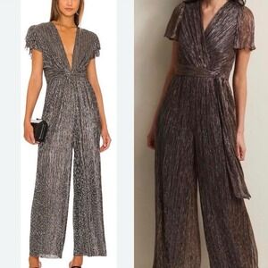 Joie Women's Medium Black Gold Multi Metallic Short Sleeve Plisse Jumpsuit NWT